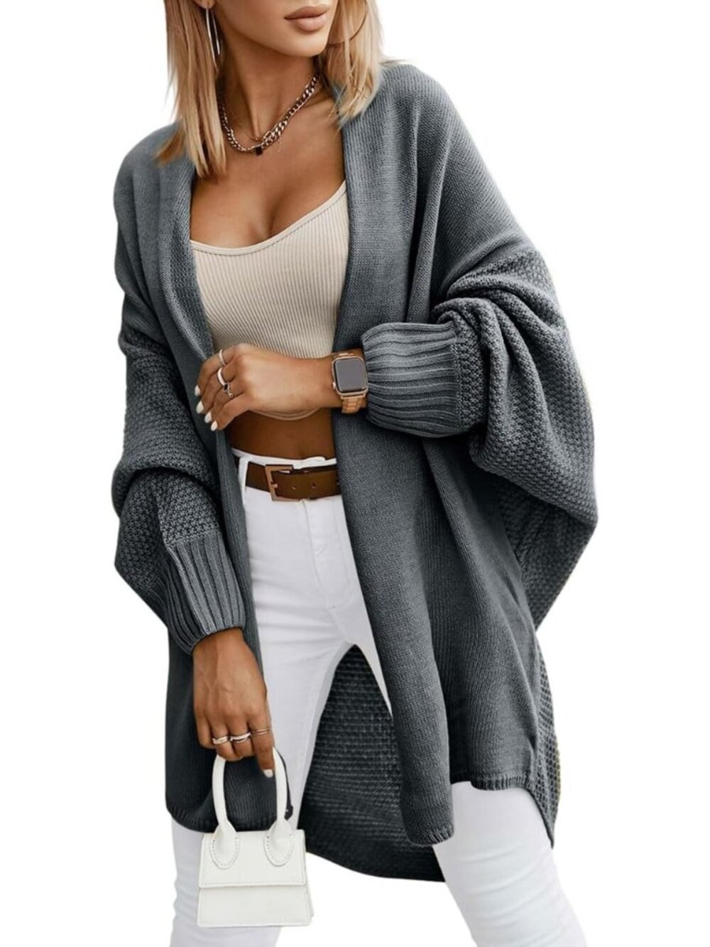 Women Grey Batwing Sleeve Soft Comfy Dressy Casual Long Open Front Clothes